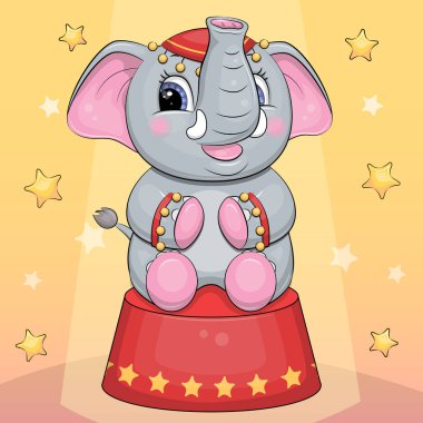 Sirkteki sevimli çizgi film fili. Sarı arka planda yıldızlı bir hayvanın vektör çizimi.