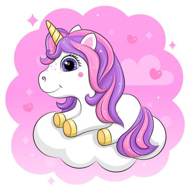 Bulutların üzerinde şirin tek boynuzlu at çizgi filmi. Pembe arka planda kalbi olan bir hayvanın vektör çizimi.