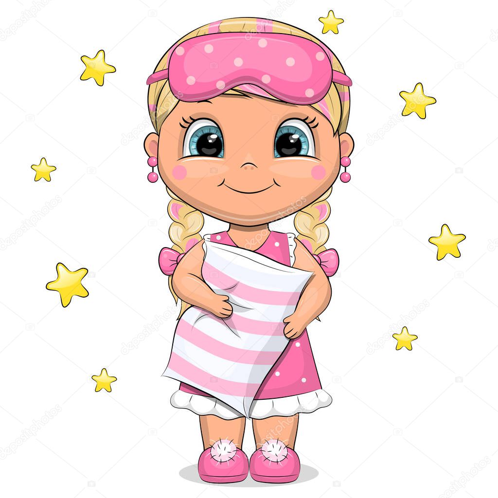 Cute cartoon girl in a night mask and dress is holding a pillow. Vector illustration of a baby on a white background with stars.