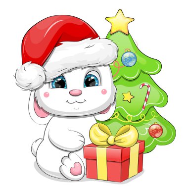 Noel Baba şapkalı beyaz tavşan, hediye ve Noel ağacının yanında oturuyor. Beyaz arka planda izole edilmiş hayvanlı kış vektör illüstrasyonu.