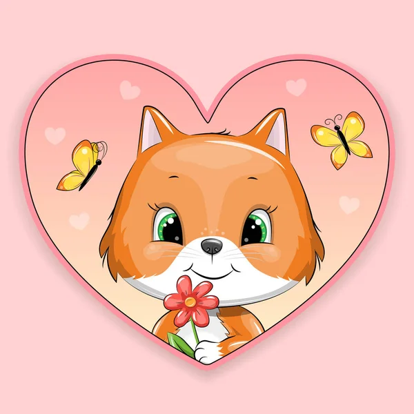 Cute Cartoon Heart Fox Butterflies Vector Illustration Pink Background — Stock Vector