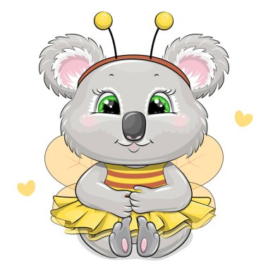 Arı kostümü içinde şirin bir çizgi film koalası. Beyaz arkaplanda izole edilmiş hayvan vektör illüstrasyonu.