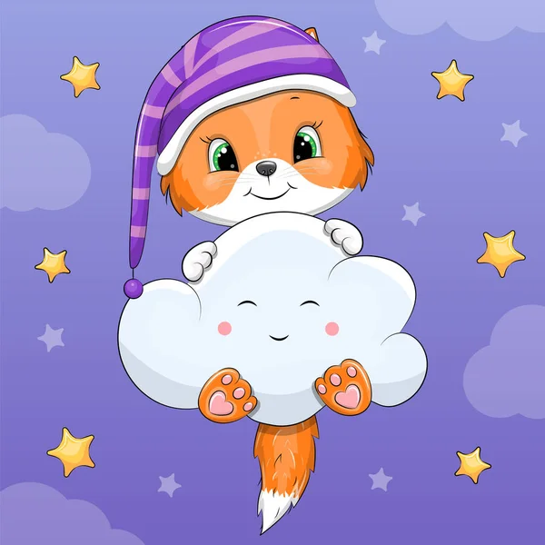 Cute Cartoon Fox Nightcap Flies Cloud Night Sky Vector Illustration — Stock Vector