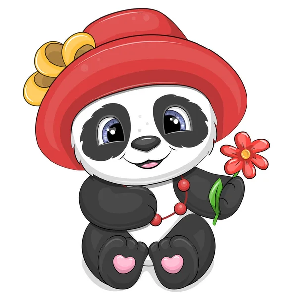 Mignon Panda Dessin Animé Dans Chapeau Rouge Tient Une Fleur — Image vectorielle