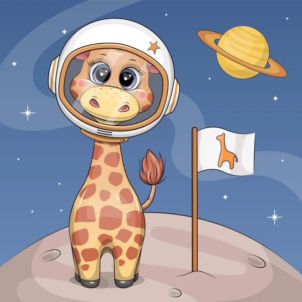 月に旗を掲げたかわいい漫画キリンの宇宙飛行士 濃い青の背景のベクトル図 — ストックベクタ