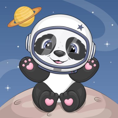 Ay 'da sevimli bir panda astronotu oturuyor. Koyu mavi arka planda bir hayvanın vektör çizimi.