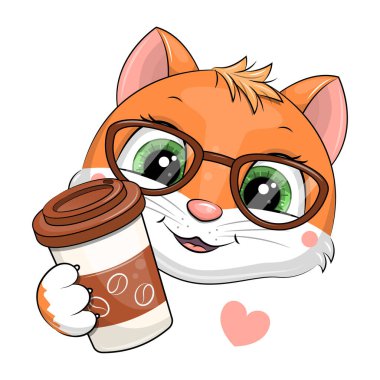 Gözlüklü sevimli kırmızı bir çizgi film kedisi bir fincan kahve tutuyor. Beyaz arka planda bir hayvanın vektör çizimi.