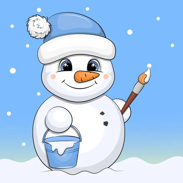 Muñeco Nieve Dibujos Animados Lindo Con Cepillo Cubo Pinta Puntos — Vector de stock