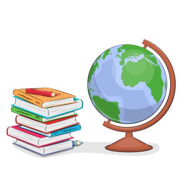 Kitaplar ve dünya. Vektör illüstrasyonu beyaz arkaplanda izole edildi.