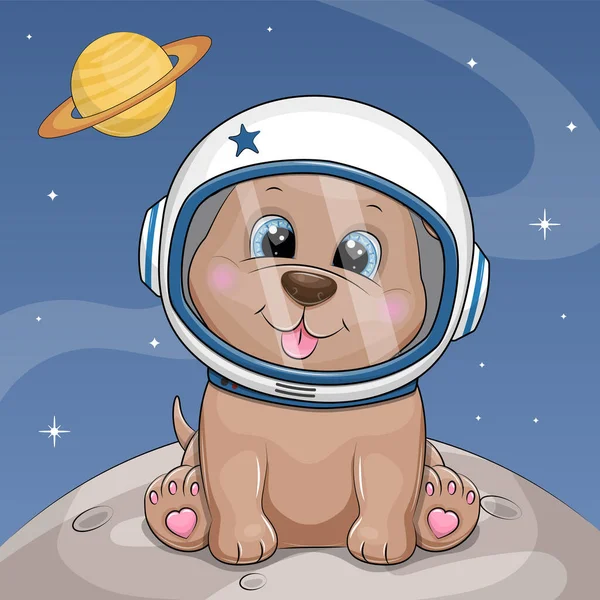 Netter Cartoon Hund Astronaut Sitzt Auf Dem Mond Vektor Illustration — Stockvektor