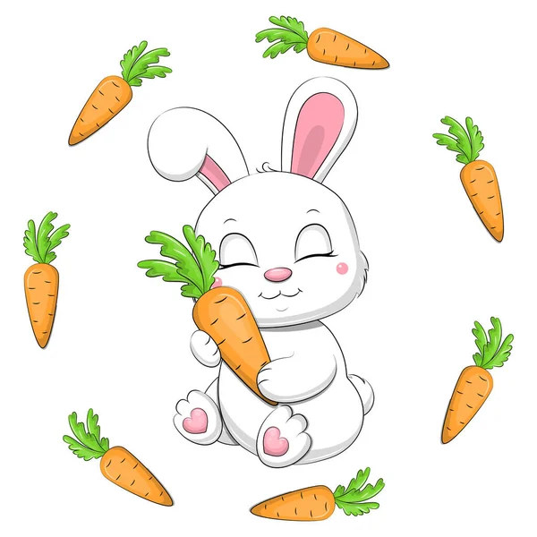 Cute Cartoon White Rabbit Hugging Carrot Vector Illustration Animal White — Stock Vector