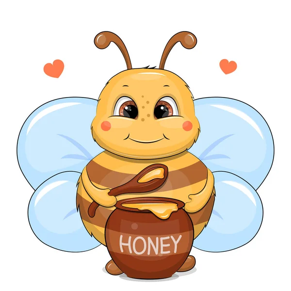 Мила Мультяшна Бджола Великими Крилами Їсть Мед Великою Ложкою Векторні — стоковий вектор