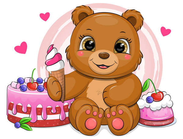 Милый мультяшный бурый медведь с мороженым и тортами. Векторная иллюстрация животного на розовом фоне с сердцем.