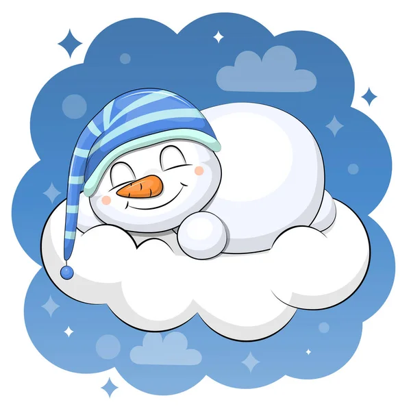 Bonhomme Neige Dessin Animé Mignon Dans Bonnet Nuit Dort Sur — Image vectorielle