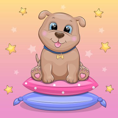 Yastıkların üzerinde şirin bir çizgi film köpeği. Pembe arka planda yıldızlı bir evcil hayvanın vektör çizimi.