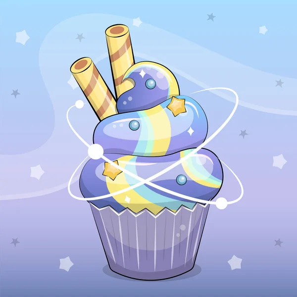 可爱的卡通星系杯蛋糕与星星和晶片卷 蓝色背景下甜点的矢量说明 — 图库矢量图片