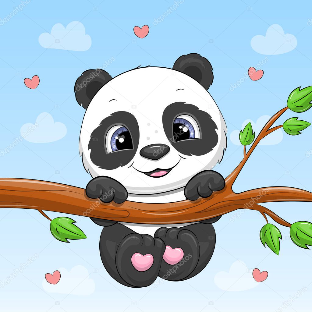 Cute cartoon panda on a tree. Vector illustration of an animal on a blue background.