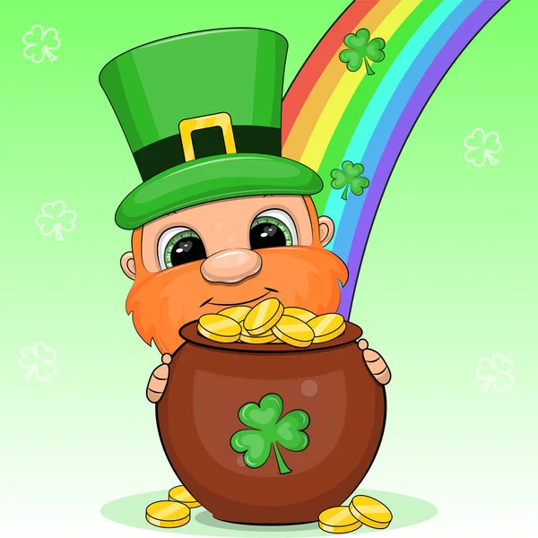 Ierse Kabouter Met Pot Goud Regenboog Patrick Day Vector Illustratie — Stockvector