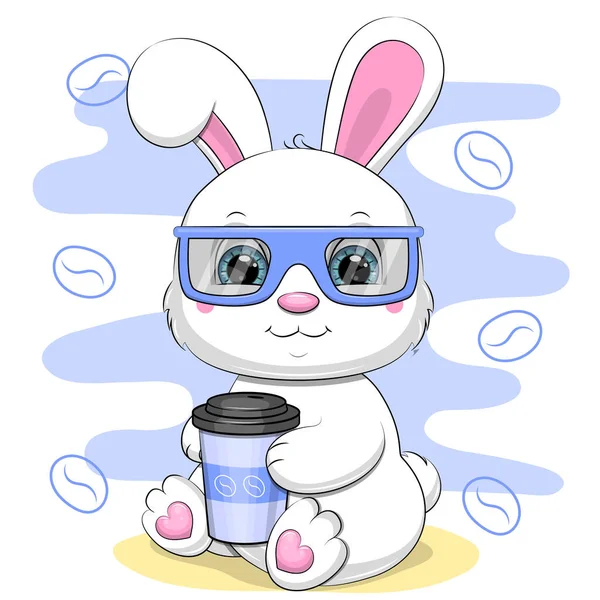 Cute Kreskówki Biały Królik Filiżanką Kawy Niebieskie Okulary Wektorowa Ilustracja — Wektor stockowy