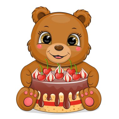 Kirazlı pastalı sevimli çizgi film kahverengi ayısı. Beyaz arka planda bir hayvanın vektör çizimi.