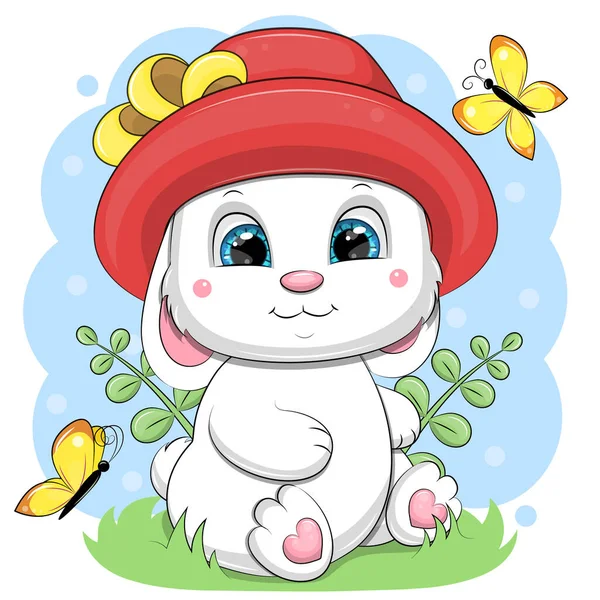 Lindo Conejo Blanco Dibujos Animados Sombrero Rojo Está Sentado Hierba — Vector de stock