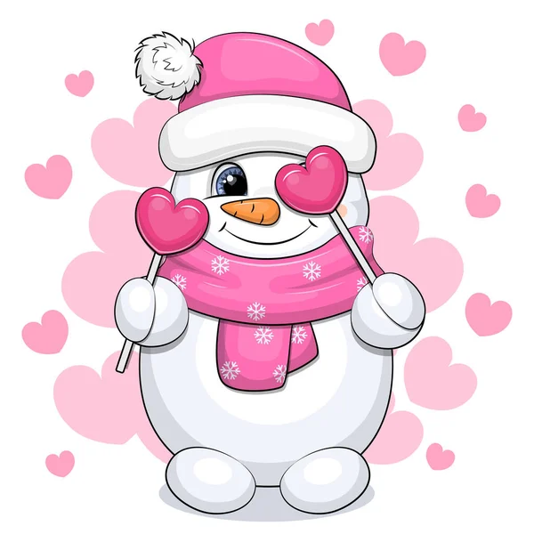 ピンクの帽子とスカーフのかわいい漫画の雪だるまがキャンディーを持っています ピンクの背景にハートのベクトルイラスト — ストックベクタ