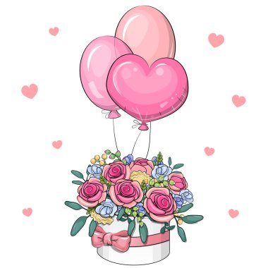 Beyaz kutuda pembe fiyonklu ve balonlu şirin bir gül buketi. Beyaz arkaplandaki çiçekli vektör illüstrasyonuName.