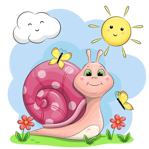분홍색 조개가 귀여운 달팽이는 밖에서 시간을 보낸다 구름을 배경으로 — 스톡 벡터