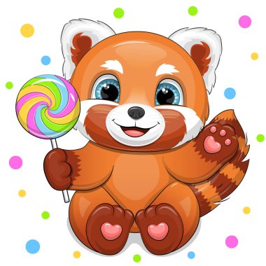 Büyük şekerli şirin çizgi film kırmızı panda. Beyaz arka planda renkli noktalı bir hayvanın vektör çizimi.
