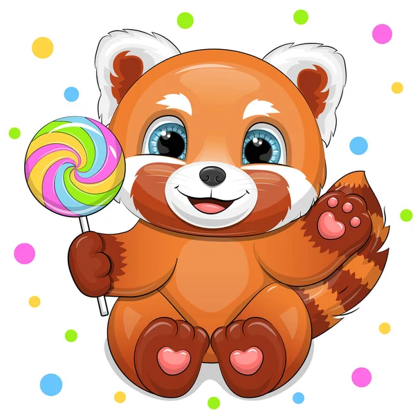 Netter Cartoon Roter Panda Mit Großen Bonbons Vektorillustration Eines Tieres — Stockvektor