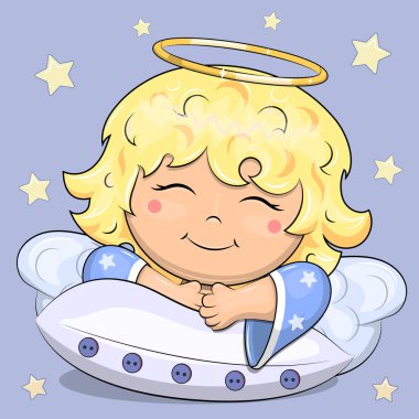 Yastıklı sevimli çizgi film meleği. Yıldızlı mavi arkaplanda vektör illüstrasyonu.