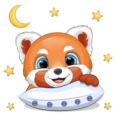 Yastıklı şirin çizgi film kırmızı panda. Gece hayvan vektör çizimi beyaz zemin üzerinde izole edilmiş yıldız ve ay ile.