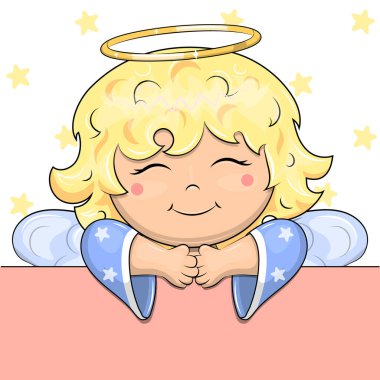 Tatlı çizgi film melek afişi. Beyaz arkaplanda yıldızlı vektör illüstrasyonu.