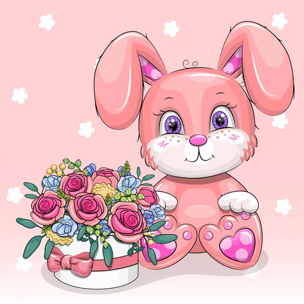 Bonito Coelho Rosa Cartoon Com Buquê Rosas Ilustração Vetorial Animal — Vetor de Stock