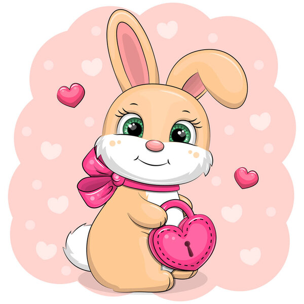 Cute cartoon bunny with bow and lock. Vector illustration of an animal on a pink background with hearts.