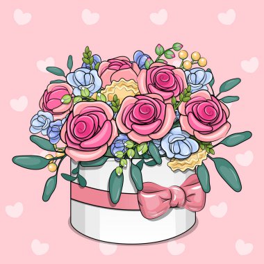 Beyaz bir çiçek kutusunda fiyonklu şirin bir gül buketi. Kalpli pembe arkaplanda vektör illüstrasyonuName.