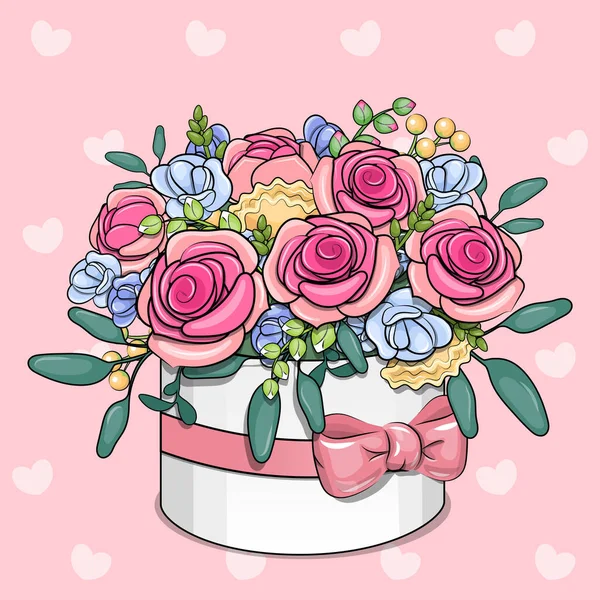 Beyaz bir çiçek kutusunda fiyonklu şirin bir gül buketi. Kalpli pembe arkaplanda vektör illüstrasyonuName.