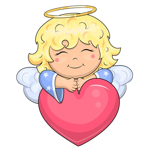 Kalbi olan sevimli çizgi film meleği. Beyaz arkaplanda vektör illüstrasyonu.