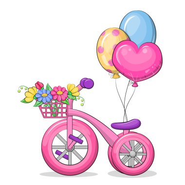 Tatlı çizgi film pembe çocuk bisikleti, balonlar ve çiçekler. Vektör illüstrasyonu beyaz arkaplanda izole edildi.