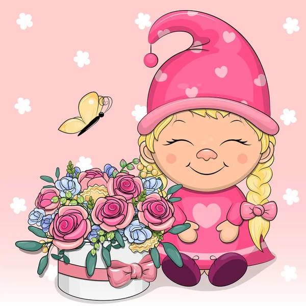 可爱的卡通侏儒女孩与一束玫瑰和蝴蝶 粉色背景上有花的矢量图解 — 图库矢量图片