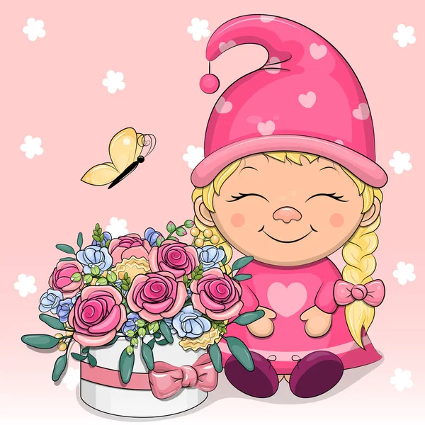 Nettes Cartoon Mädchen Mit Einem Strauß Rosen Und Einem Schmetterling — Stockvektor