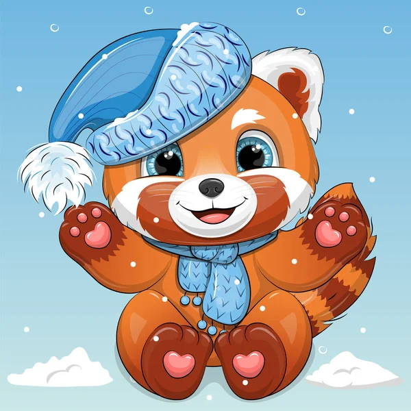 可爱的卡通片红色的熊猫戴着帽子和围巾 蓝色背景上的冬季动物媒介图解 — 图库矢量图片