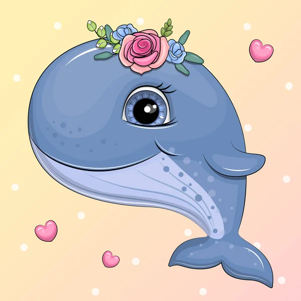 Baleia Desenho Animado Bonito Com Flores Ilustração Vetor Animal Marinho — Vetor de Stock