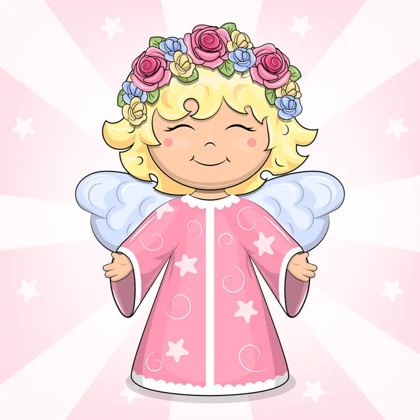 花の花輪とかわいい漫画の天使 ピンクの背景の女の子のベクトルイラスト — ストックベクタ