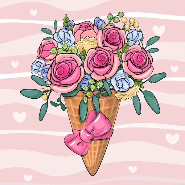 Carino Bouquet Cartoni Animati Rose Cono Gelato Con Fiocco Rosa — Vettoriale Stock