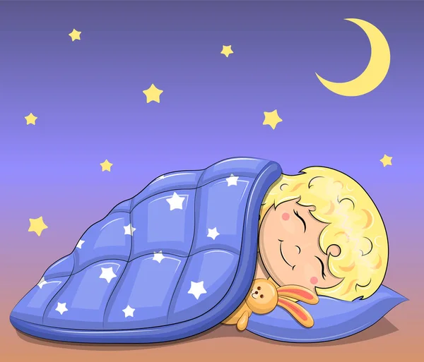 Battaniye Yastıkla Uyuyan Sevimli Çizgi Film Bebeği Yıldızlı Uydulu Mavi — Stok Vektör