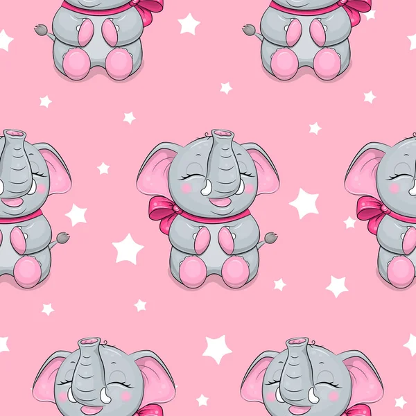 Seamless Pattern Cute Cartoon Elephant Pink Bow Vector Illustration Animal — Vector de stock