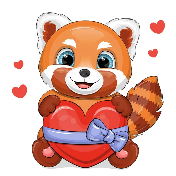 Netter Cartoon Roter Panda Mit Rotem Herz Und Blauer Schleife — Stockvektor