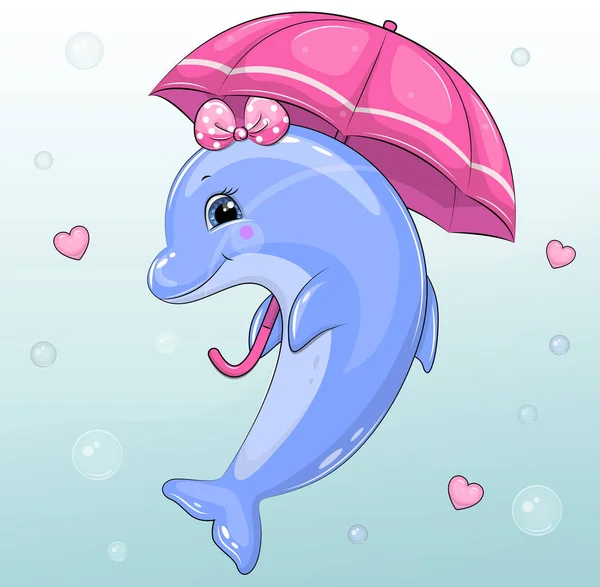 Bonito Golfinho Desenho Animado Com Arco Rosa Guarda Chuva Ilustração — Vetor de Stock