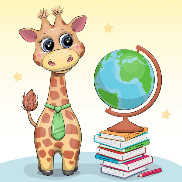 Cute Cartoon Giraffe Tie Books Globe School Vector Illustration Yellow — Stock Vector